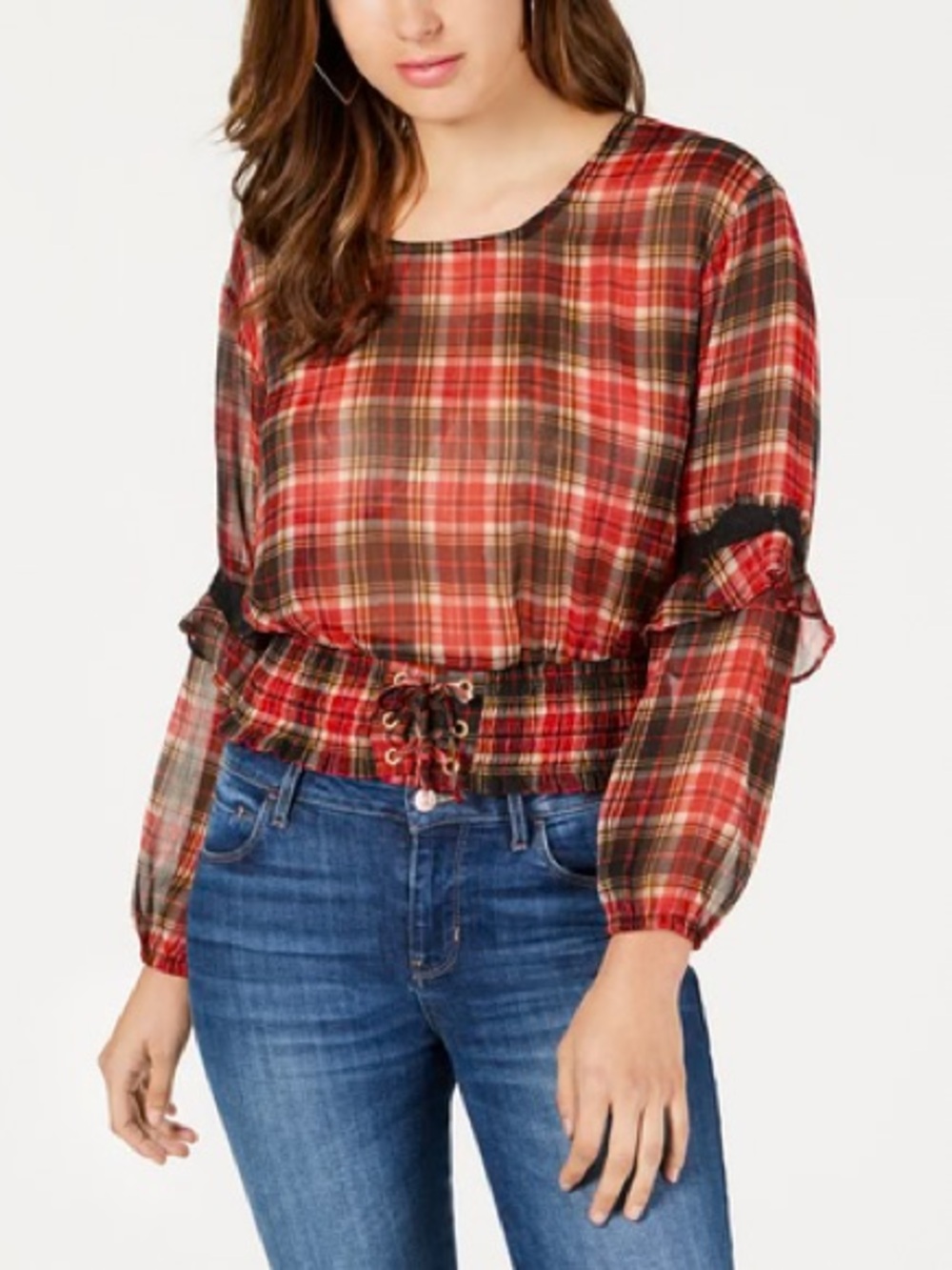 Guess Madrid Sheer Red Plaid Lace-Up Waist Ruffled Long Sleeve Blouse